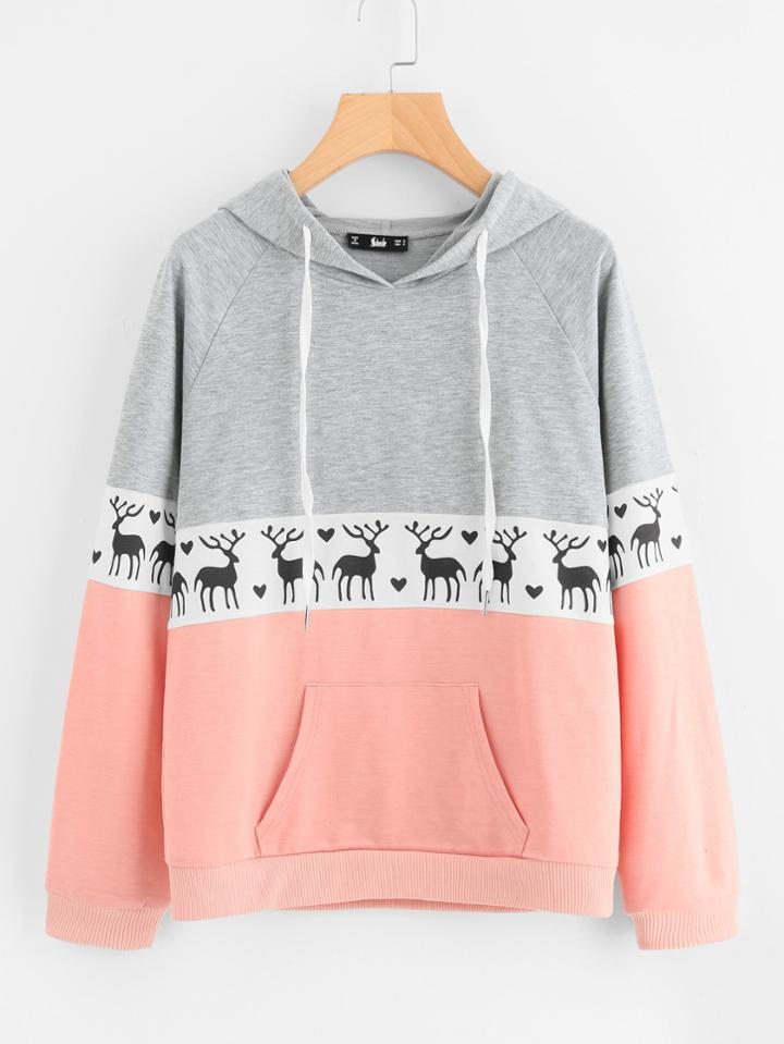 Shein Cut And Sew Raglan Sleeve Deer Print Hoodie