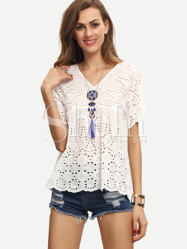 Shein Beige Short Sleeve V Neck Hollow Blouse