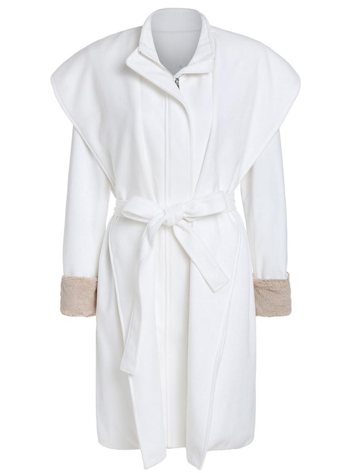 Shein White Contrast Faux Fur Cuff Coat