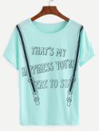 Shein Green Strap Letters Print Banded Sleeve T-shirt