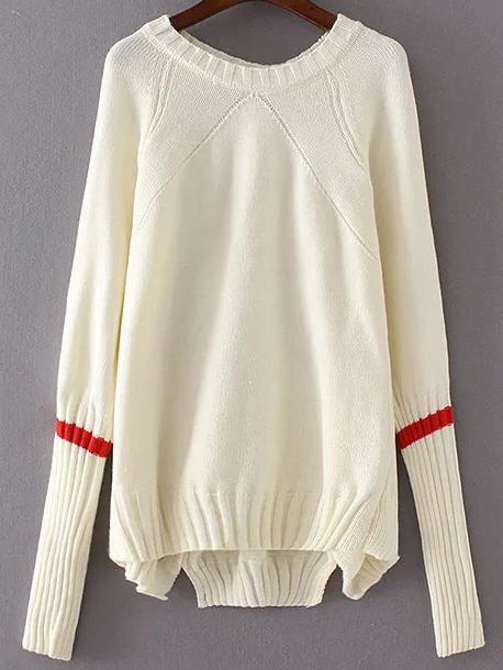 Shein Beige Striped Trim Split Asymmetrical Sweater
