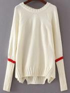 Shein Beige Striped Trim Split Asymmetrical Sweater