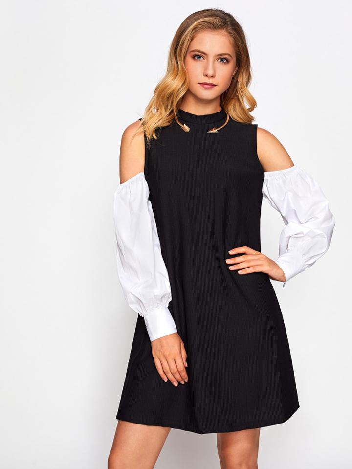 Shein Open Shoulder Contrast Sleeve Shift Dress