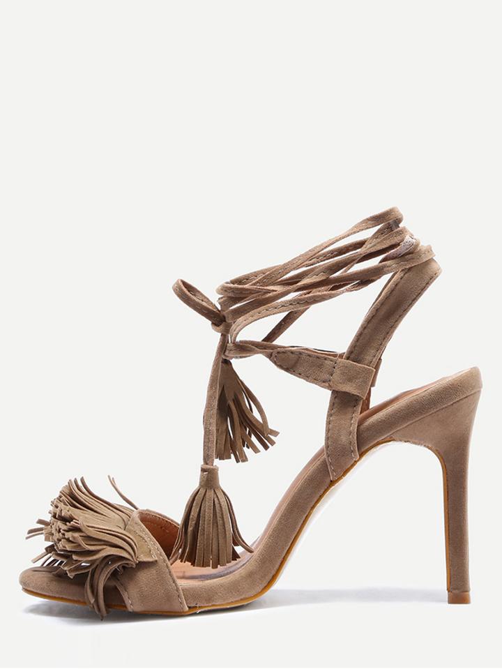 Shein Apricot Faux Suede Fringed Strappy Sandals