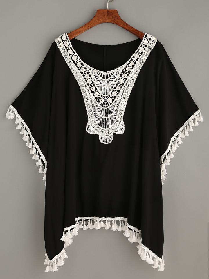 Shein Black Crochet Insert Tassel Trim T-shirt