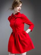 Shein Red Lapel Length Sleeve Pockets Embroidered Dress