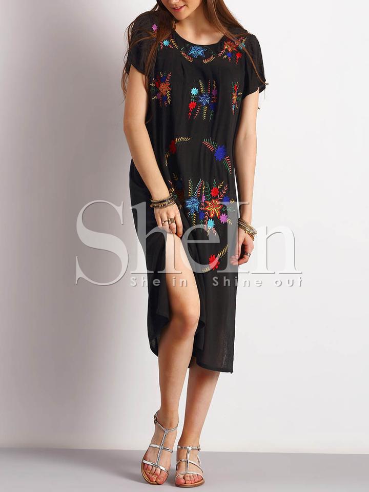 Shein Black Tribal Embroidered Side Slit Dress