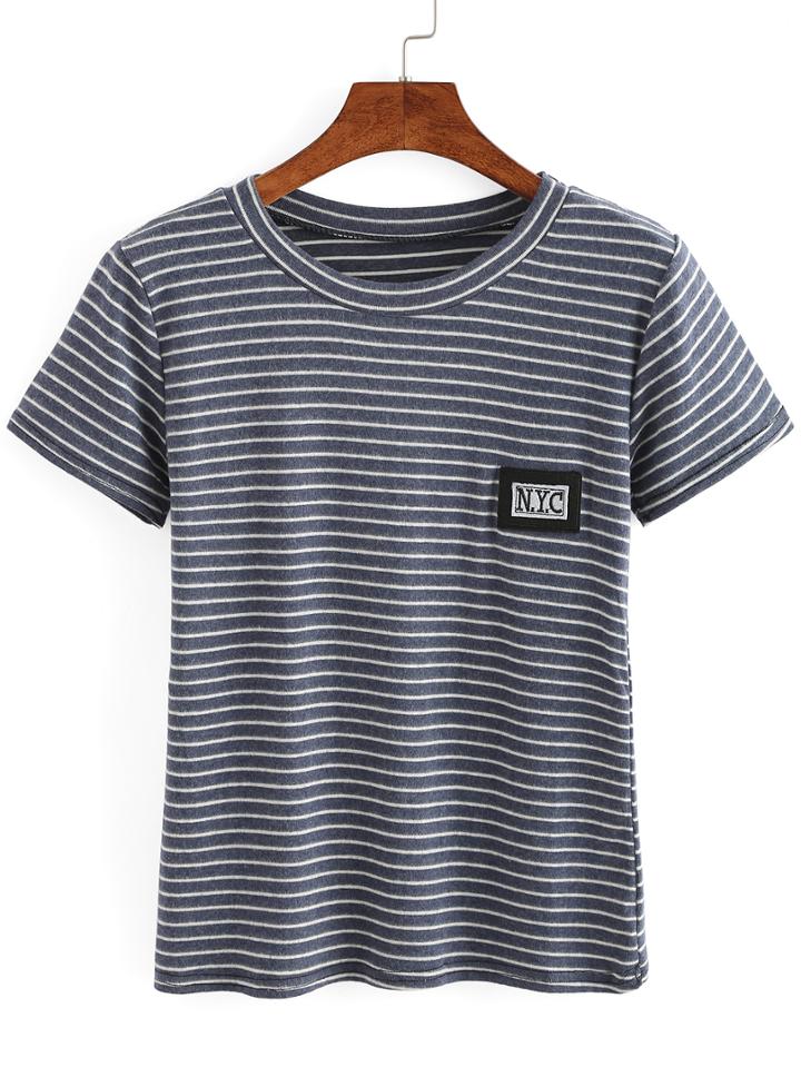 Shein Blue Striped Patch T-shirt