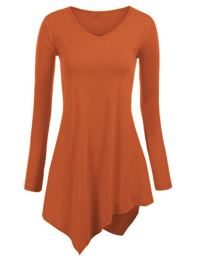 Shein Orange V Neck Long Sleeve Asymmetrical T-shirt