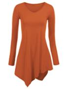 Shein Orange V Neck Long Sleeve Asymmetrical T-shirt