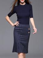 Shein Navy Knitwear Top With Striped Skirt