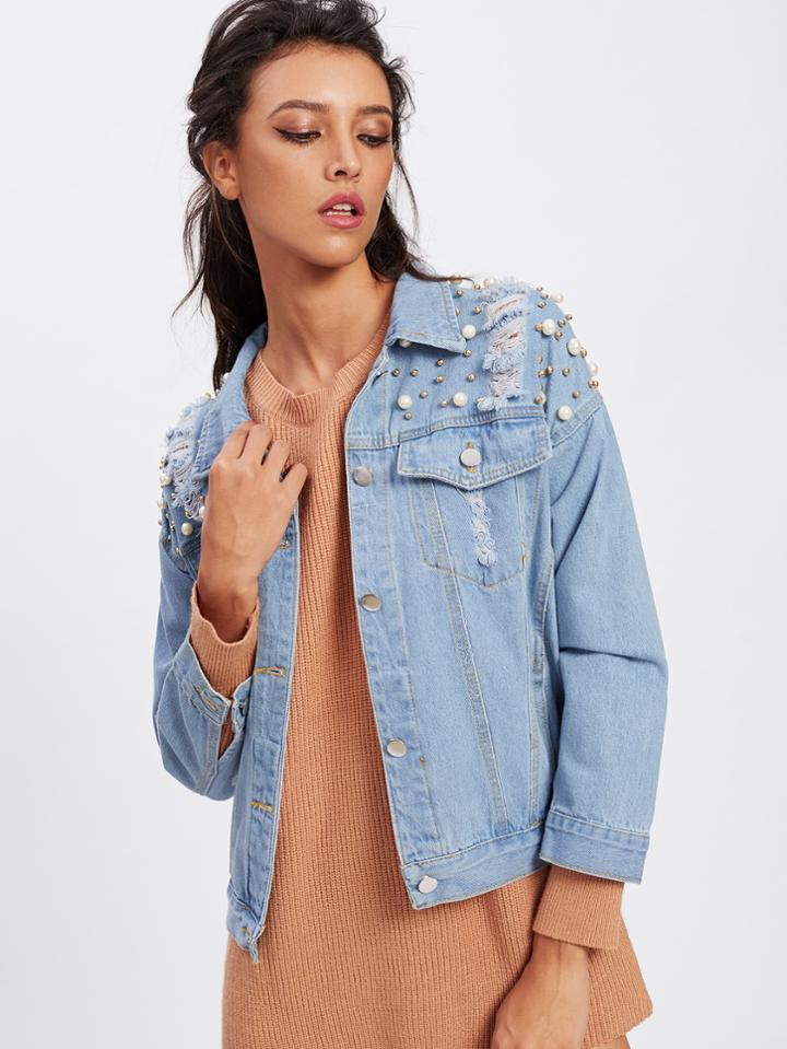 Shein Faux Fur Detail Ripped Denim Jacket