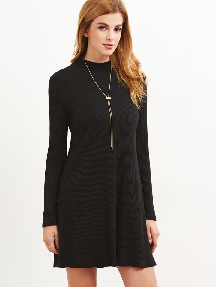 Shein Black Ribbed Knit Cutout Back Swing Dress