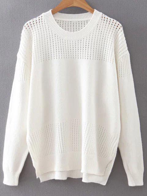 Shein White Drop Shoulder Hollow Out Dip Hem Loose Sweater