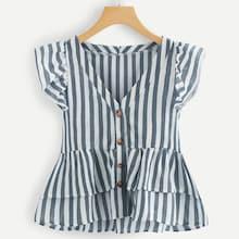Shein V Neckline Single Breasted Striped Babydoll Top
