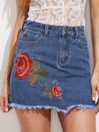 Shein Embroidered Rose Applique Raw Cut Denim Skirt