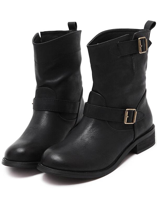 Shein Black Round Toe Buckle Strap Pu Boots