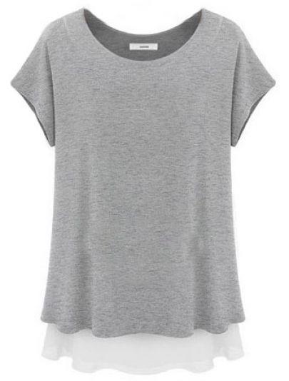Shein Grey Short Sleeve Ruffles Loose Chiffon T-shirt