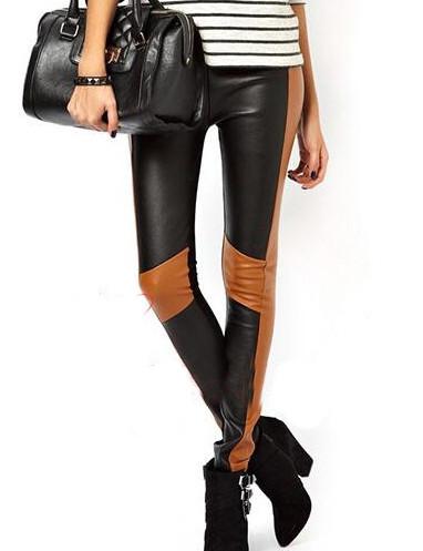 Shein Colour-block Slim Contrast Pu Leather Leggings