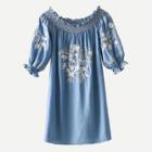 Shein Shirred Bardot Embroidered Denim Dress