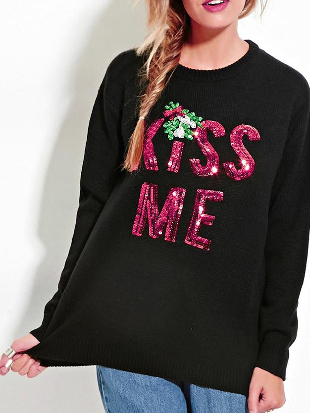 Shein Black Letters Sequined Pullover Sweaters