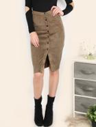 Shein Brown Faux Suede Button Front Pencil Skirt