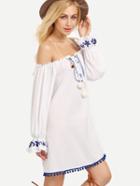 Shein White Off The Shoulder Long Sleeve Embroidered Dress