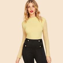 Shein Mock-neck Striped Rib-knit 70s Tee