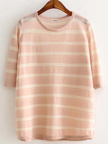 Shein Pink Round Neck Stripe Sheer T-shirt