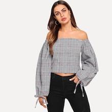 Shein Off Shoulder Drawstring Cuff Plaid Top