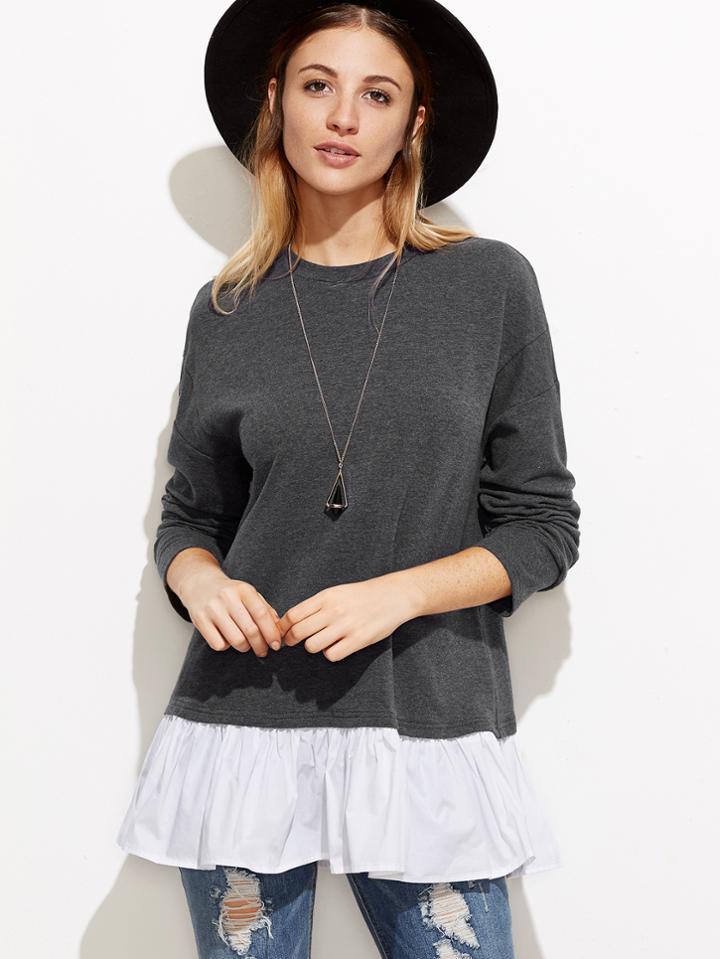 Shein Grey Drop Shoulder Contrast Ruffle Trim Sweatshirt