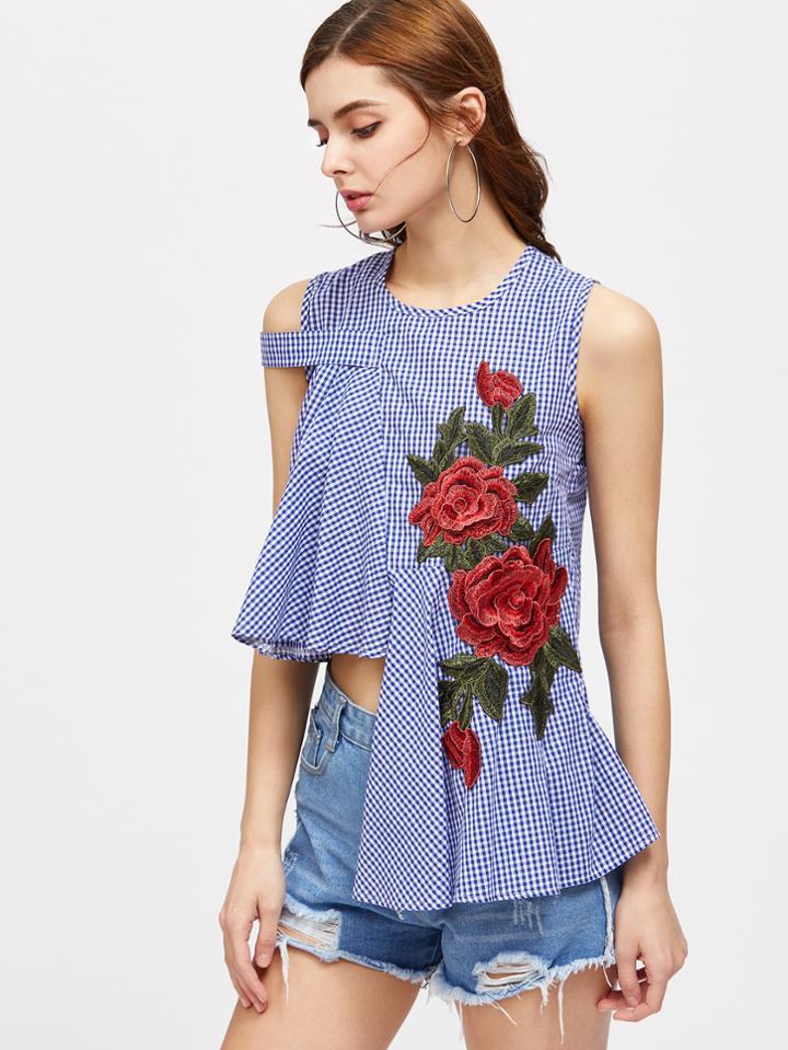 Shein Rose Appliques Gingham Zipper Back Asymmetrical Hem Top