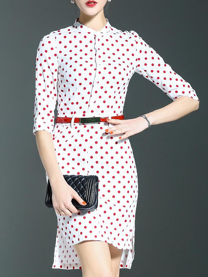 Shein White Polka Dot Belted High Low Dress