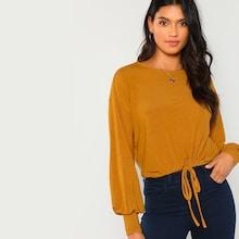 Shein Bishop Sleeve Drawstring Hem Sweatshirt