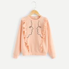 Shein Girls Ruffle Trim Figure Print Sweatshirt