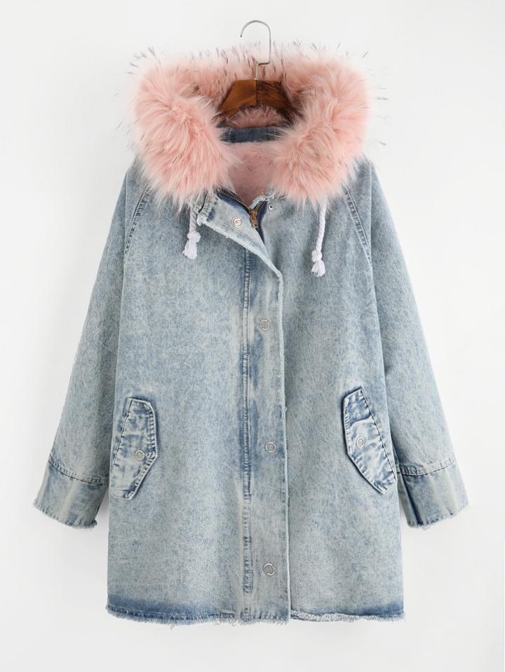 Shein Detachable Fleece Hood And Lining Denim Coat