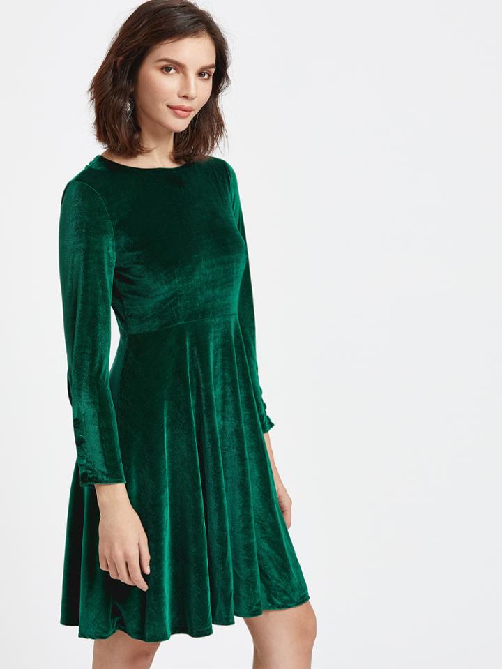 Shein Dark Green Velvet Button Cuff Skater Dress