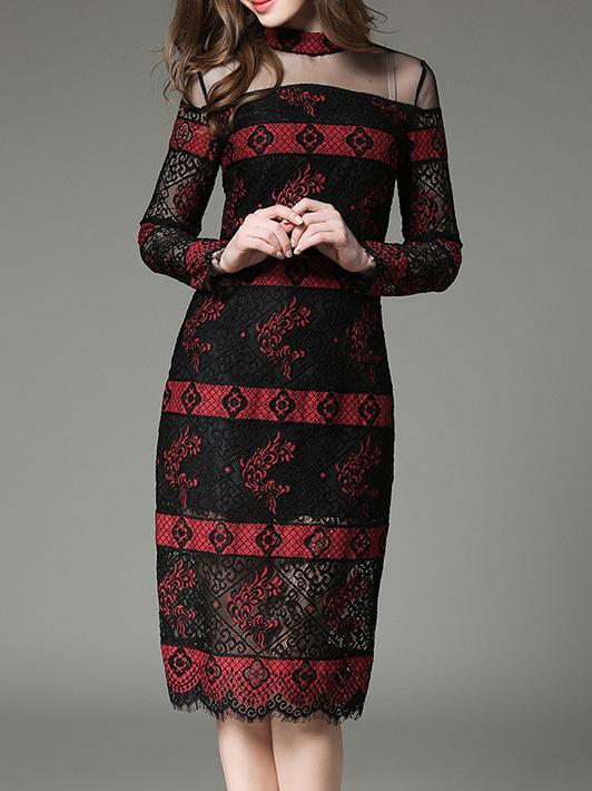 Shein Black Sheer Contrast Red Lace Dress