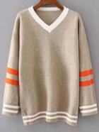 Shein Khaki Striped Trim Contrast V Neck Sweater