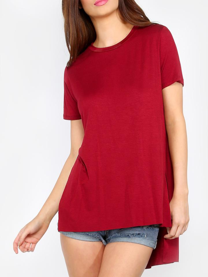 Shein Burgundy Split Side High Low Short Sleeve T-shirt