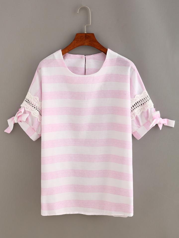 Shein Lace Insert Tie Sleeve Striped T-shirt