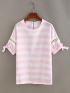 Shein Lace Insert Tie Sleeve Striped T-shirt