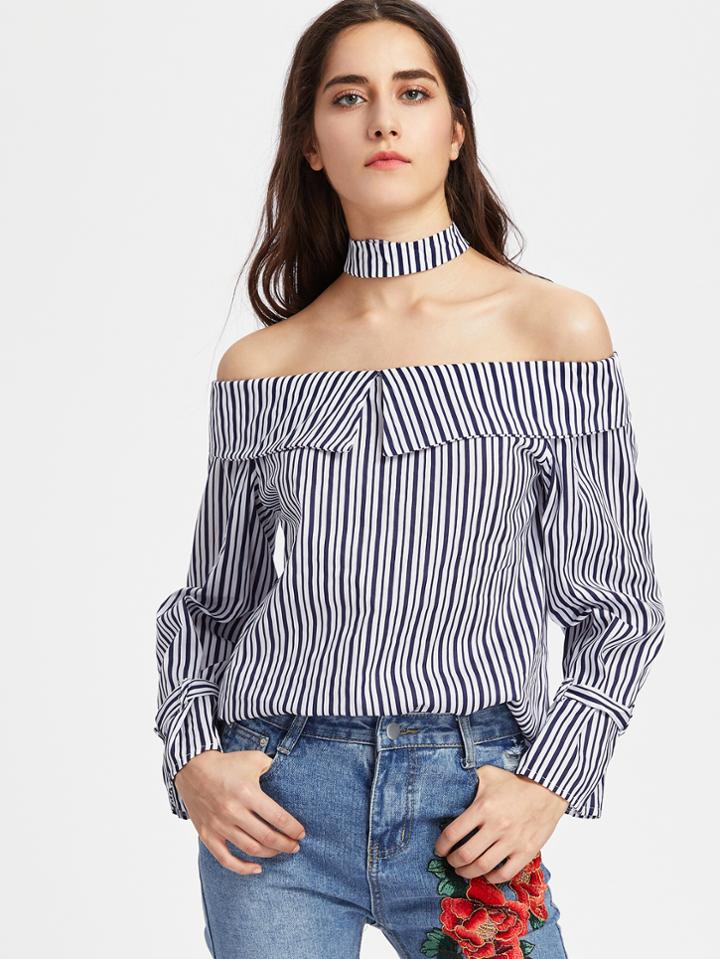 Shein Bardot Fold Over Vertical Striped Choker Top