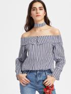 Shein Bardot Fold Over Vertical Striped Choker Top