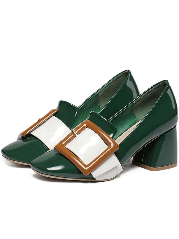 Shein Green Square Toe Buckle Chunky Heel Pumps