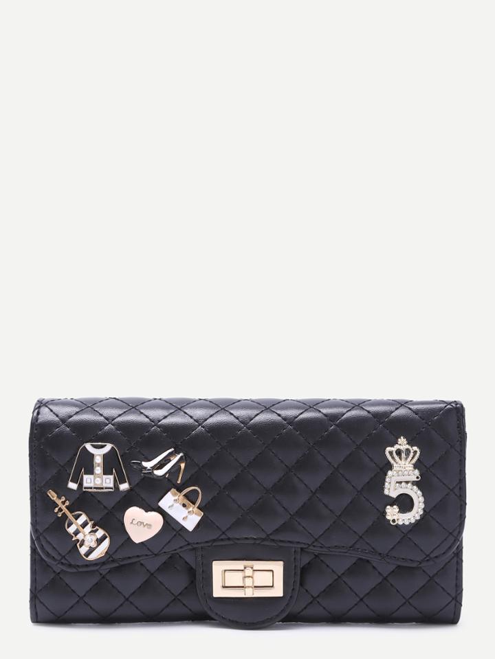 Shein Black Metallic Embellished Quilted Long Wallet