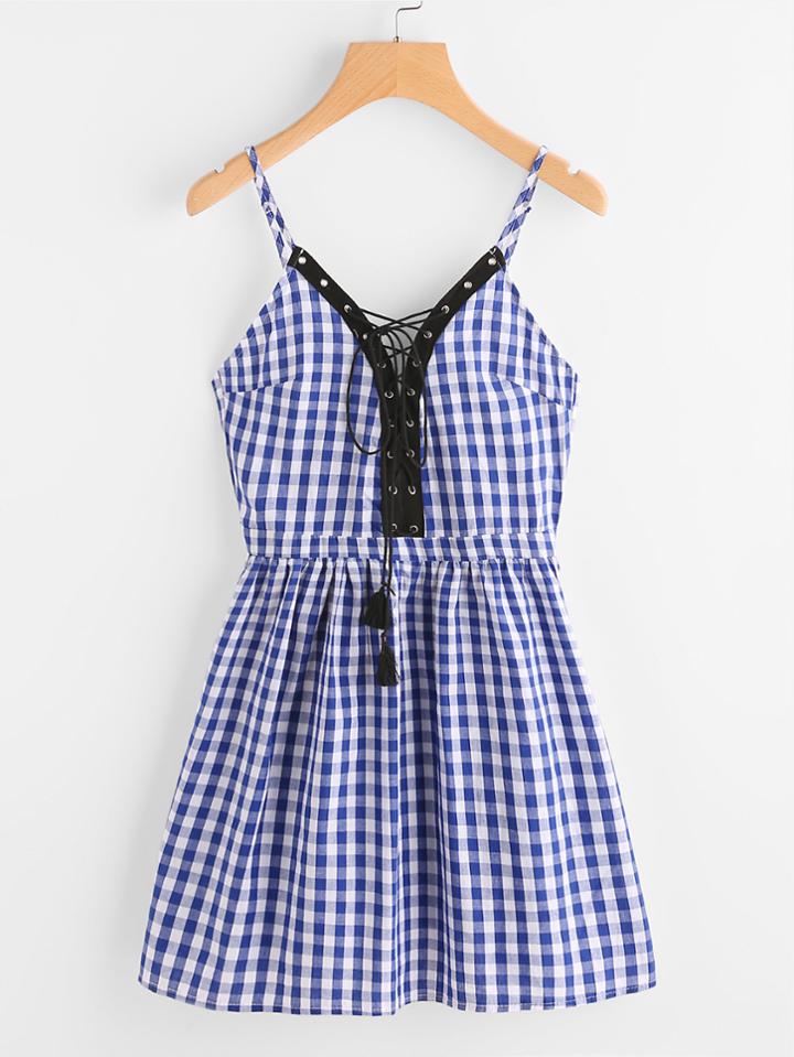 Shein Cami Straps Gingham Eyelet Lace Up Dress