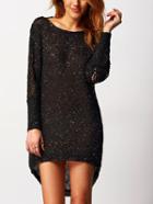 Shein Black Lace Hollow Sequined High Low Dress