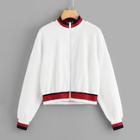 Shein Ribbed Knit Trim Crop Teddy Jacket