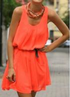 Rosewe Sleeveless Neon Orange Round Neck Mini Dress